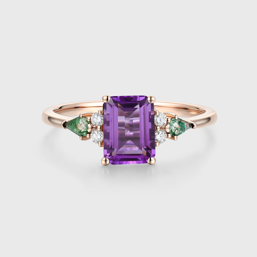 Emerald cut Amethyst & Kite cut Moss Agate Solid Gold Engagement Ring