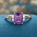Emerald cut Amethyst & Kite cut Moss Agate Solid Gold Engagement Ring