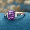 Emerald cut Amethyst & Kite cut Moss Agate Solid Gold Engagement Ring