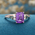 Emerald cut Amethyst & Kite cut Moss Agate Solid Gold Engagement Ring