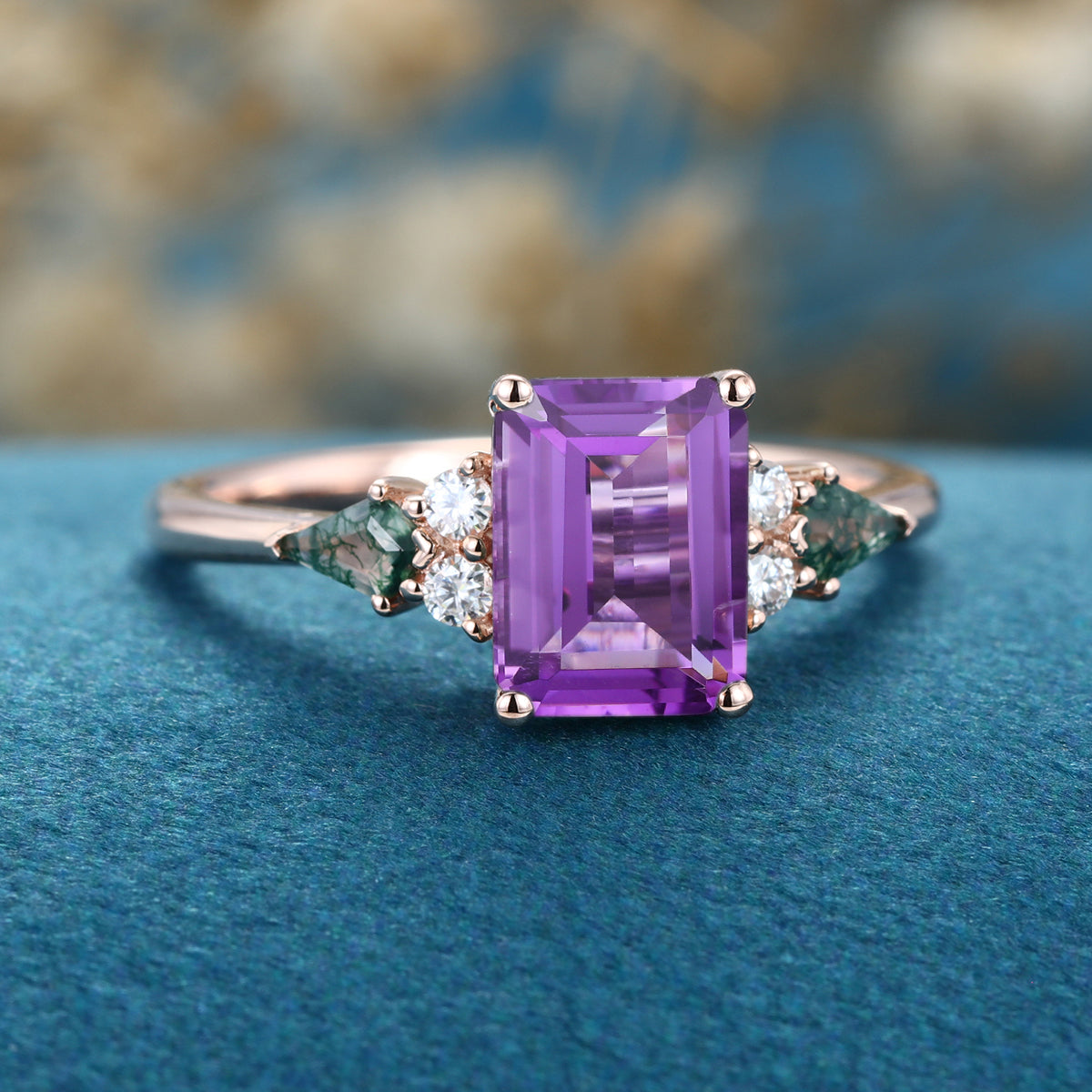 Emerald cut Amethyst & Kite cut Moss Agate Solid Gold Engagement Ring