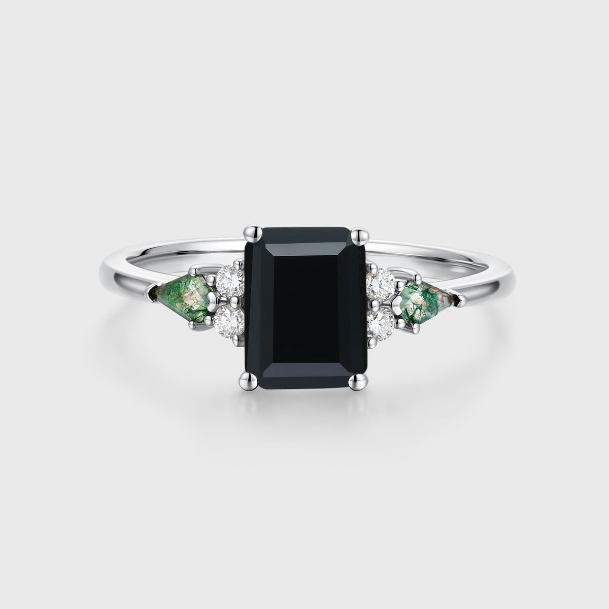 Emerald cut Black Onyx & Moss Agate Solid Gold Engagement Ring