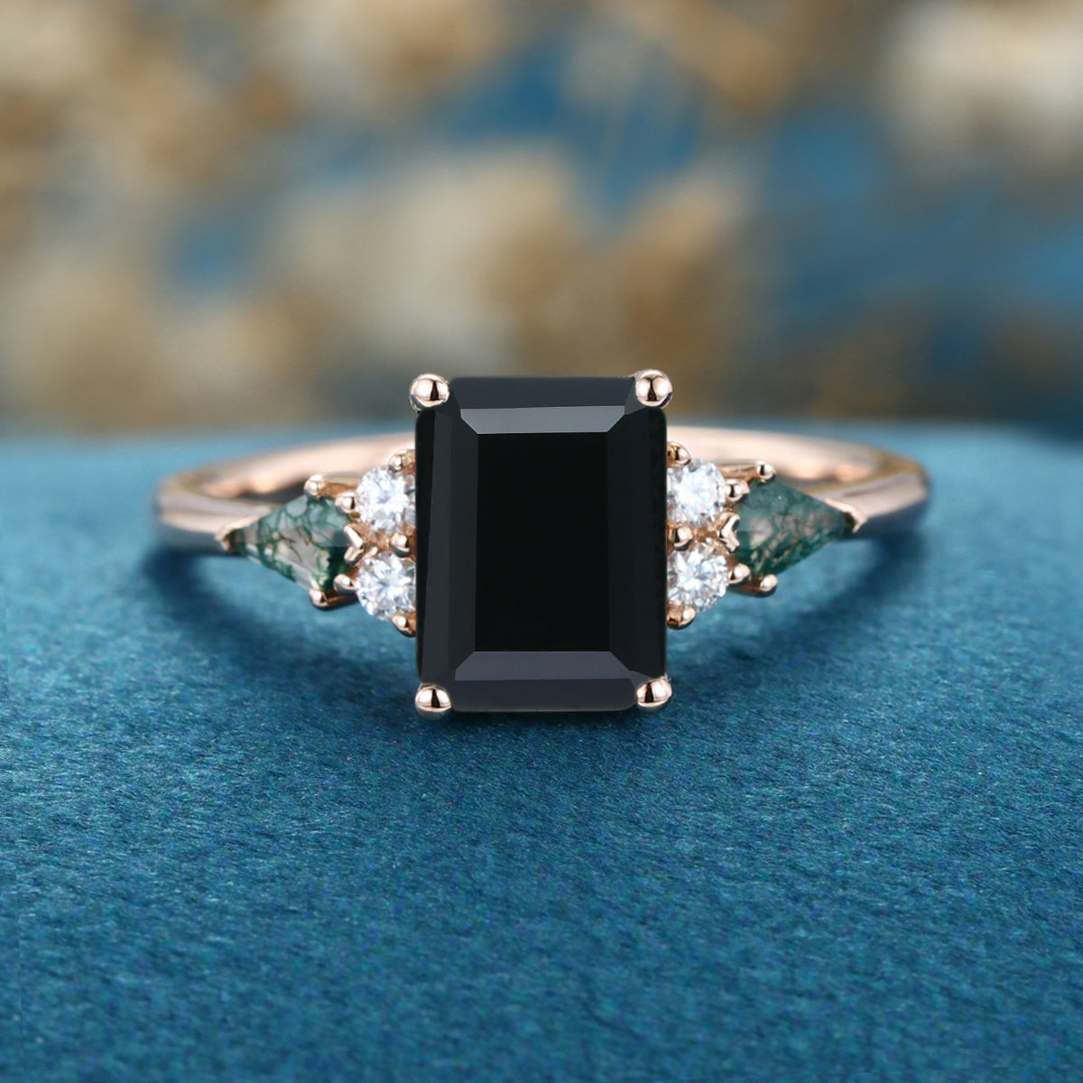 Emerald cut Black Onyx & Moss Agate Solid Gold Engagement Ring