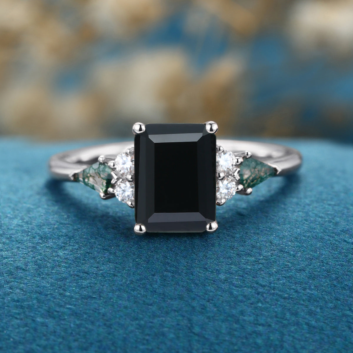 Emerald cut Black Onyx & Moss Agate Solid Gold Engagement Ring