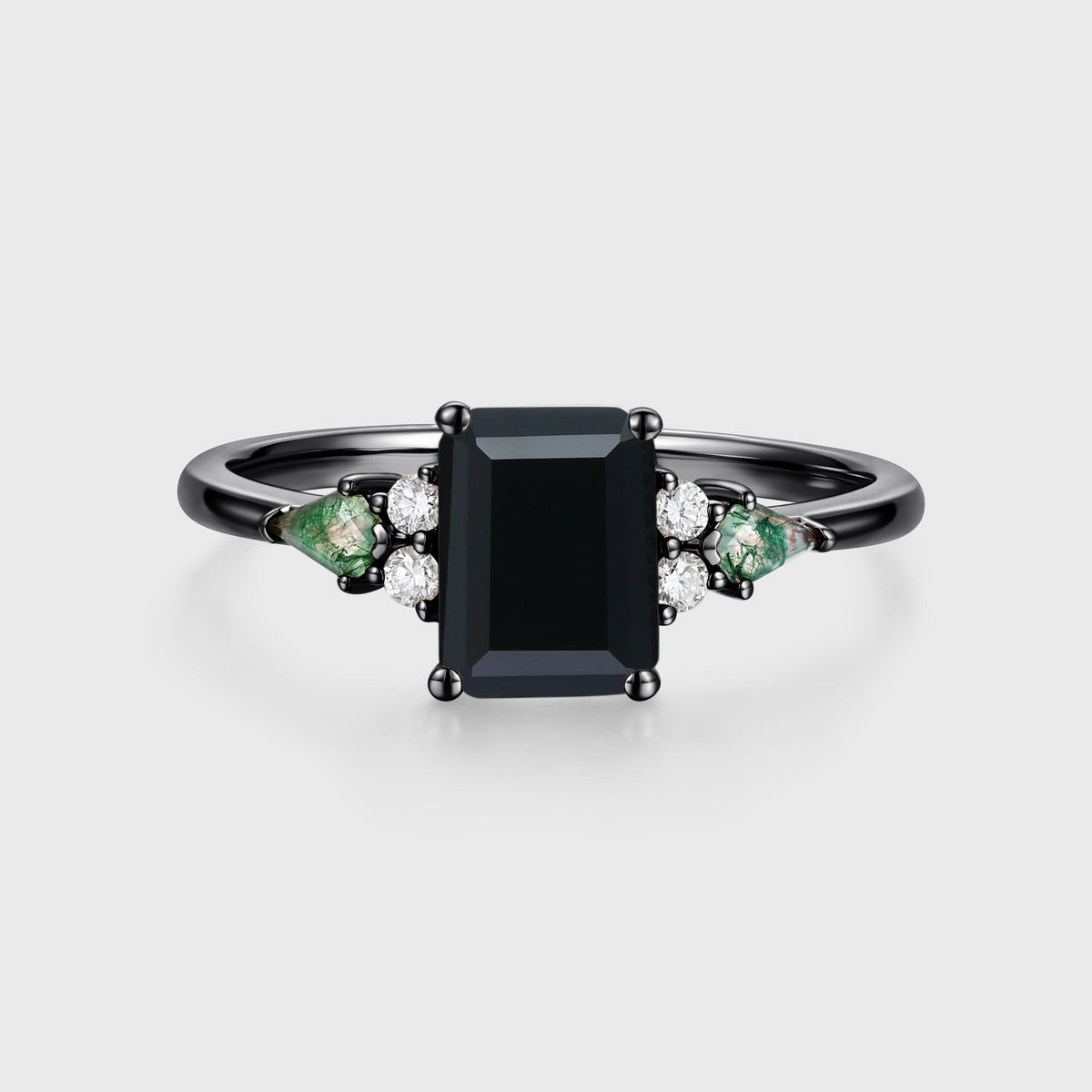 Emerald cut Black Onyx & Moss Agate Solid Gold Engagement Ring