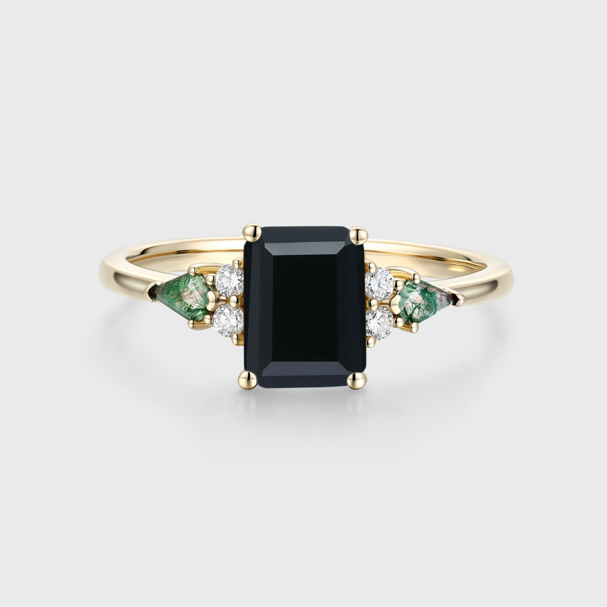 Emerald cut Black Onyx & Moss Agate Solid Gold Engagement Ring