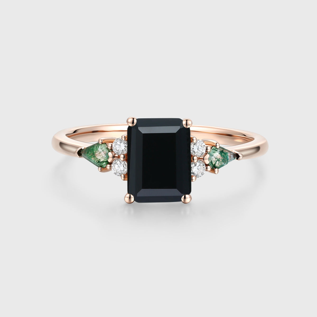 Emerald cut Black Onyx & Moss Agate Solid Gold Engagement Ring