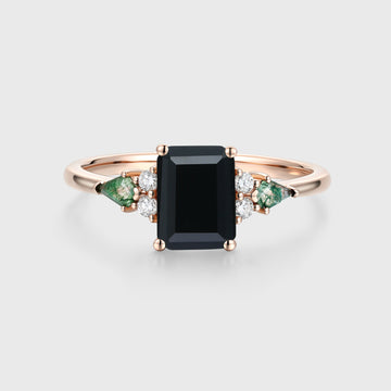 Emerald cut Black Onyx & Moss Agate Solid Gold Engagement Ring