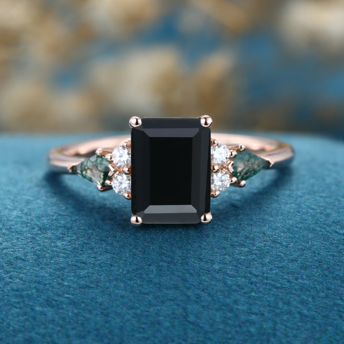 Emerald cut Black Onyx & Moss Agate Solid Gold Engagement Ring