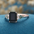 Emerald cut Black Onyx & Moss Agate Solid Gold Engagement Ring