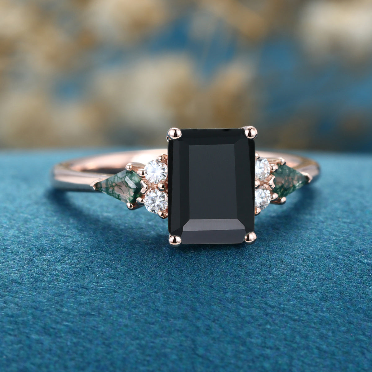 Emerald cut Black Onyx & Moss Agate Solid Gold Engagement Ring