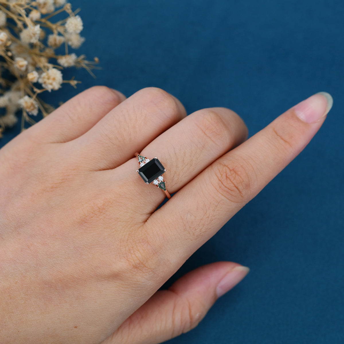 Emerald cut Black Onyx & Moss Agate Solid Gold Engagement Ring