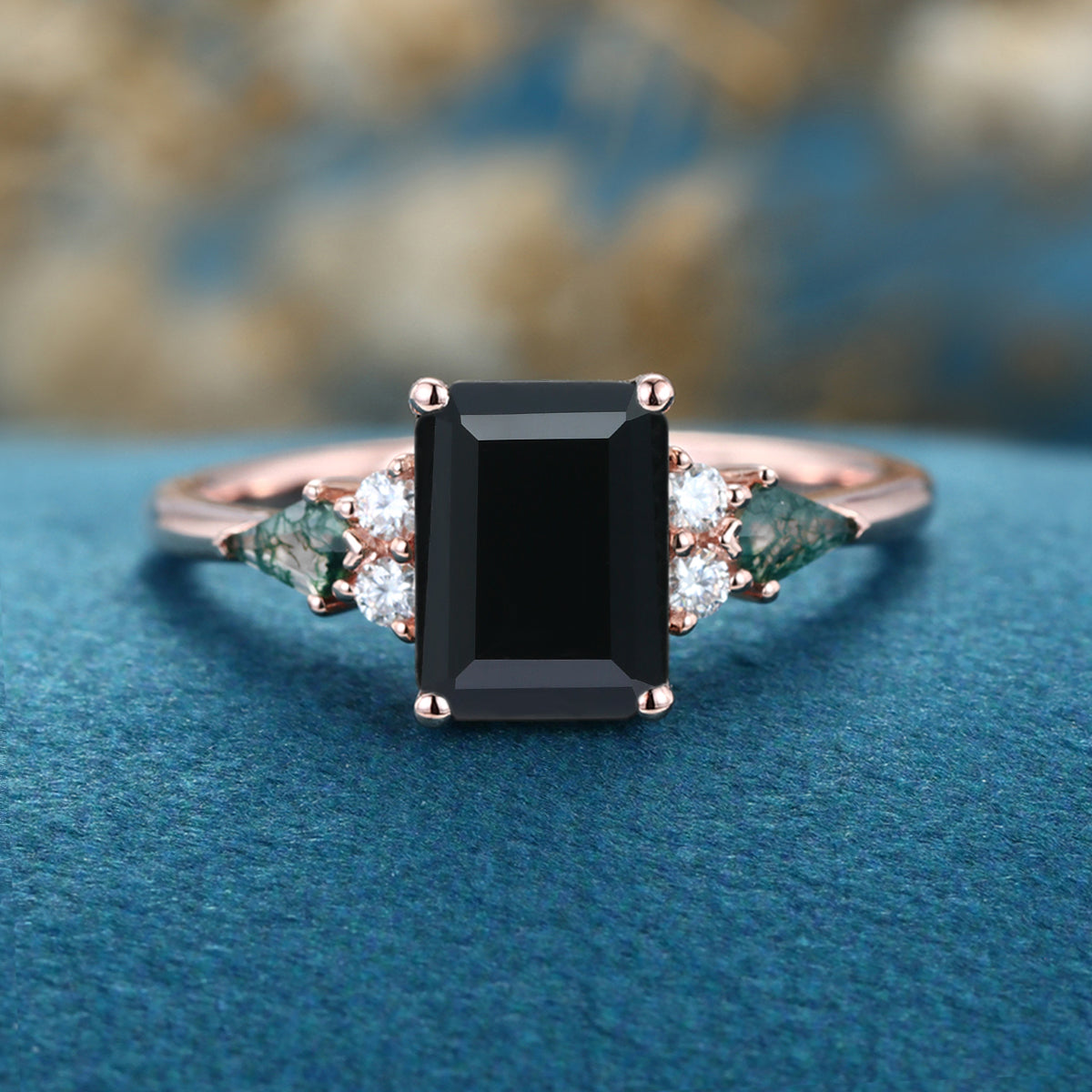 Emerald cut Black Onyx & Moss Agate Solid Gold Engagement Ring