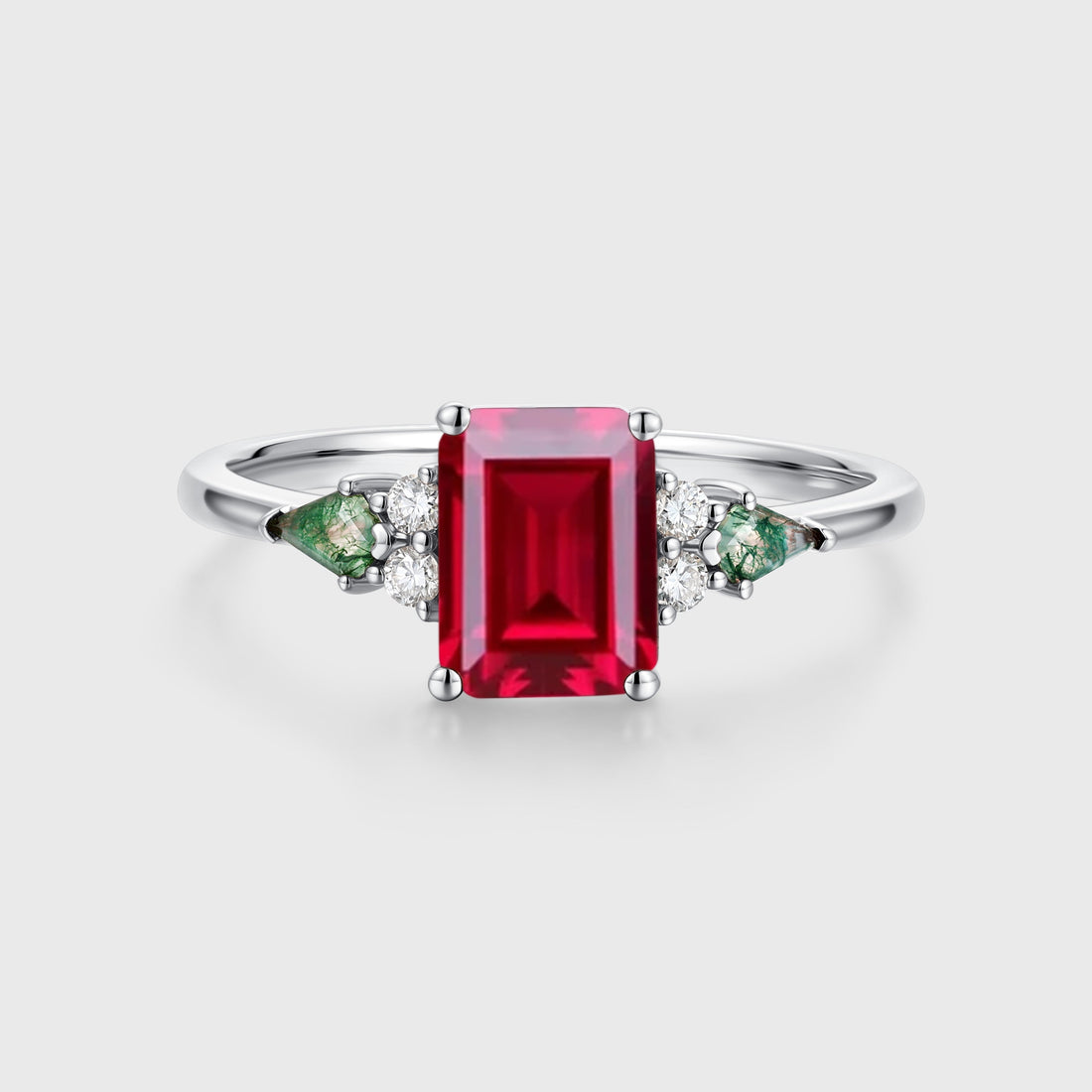 Emerald cut Lab Ruby & Moss Agate Solid Gold Engagement Ring