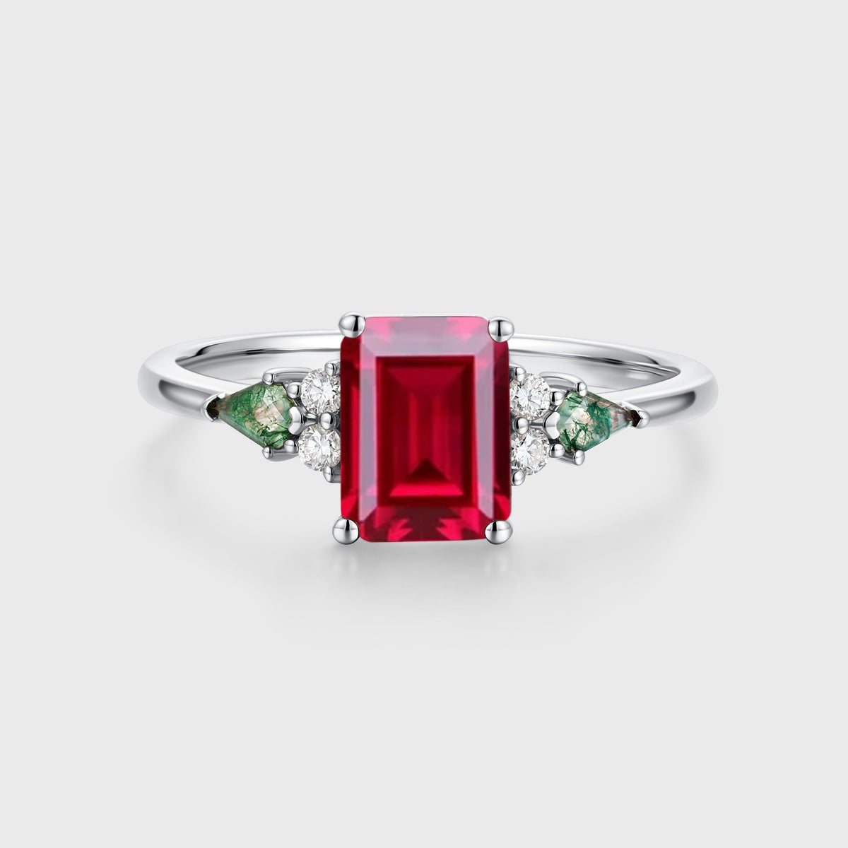 Emerald cut Lab Ruby & Moss Agate Solid Gold Engagement Ring