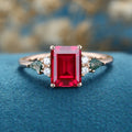 Emerald cut Lab Ruby & Moss Agate Solid Gold Engagement Ring
