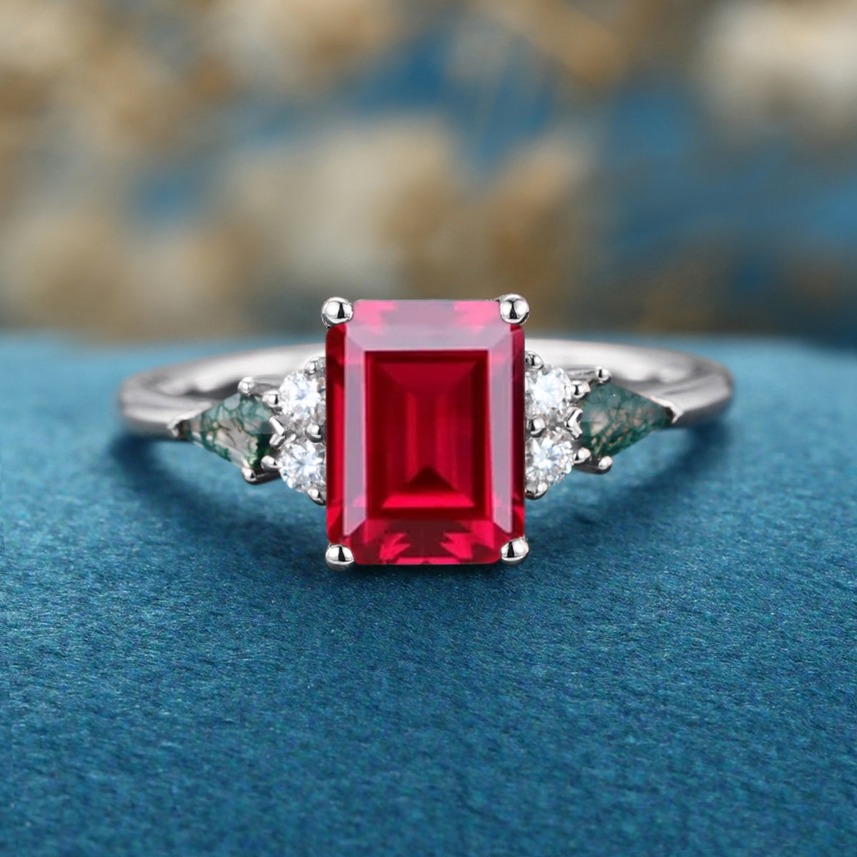 Emerald cut Lab Ruby & Moss Agate Solid Gold Engagement Ring