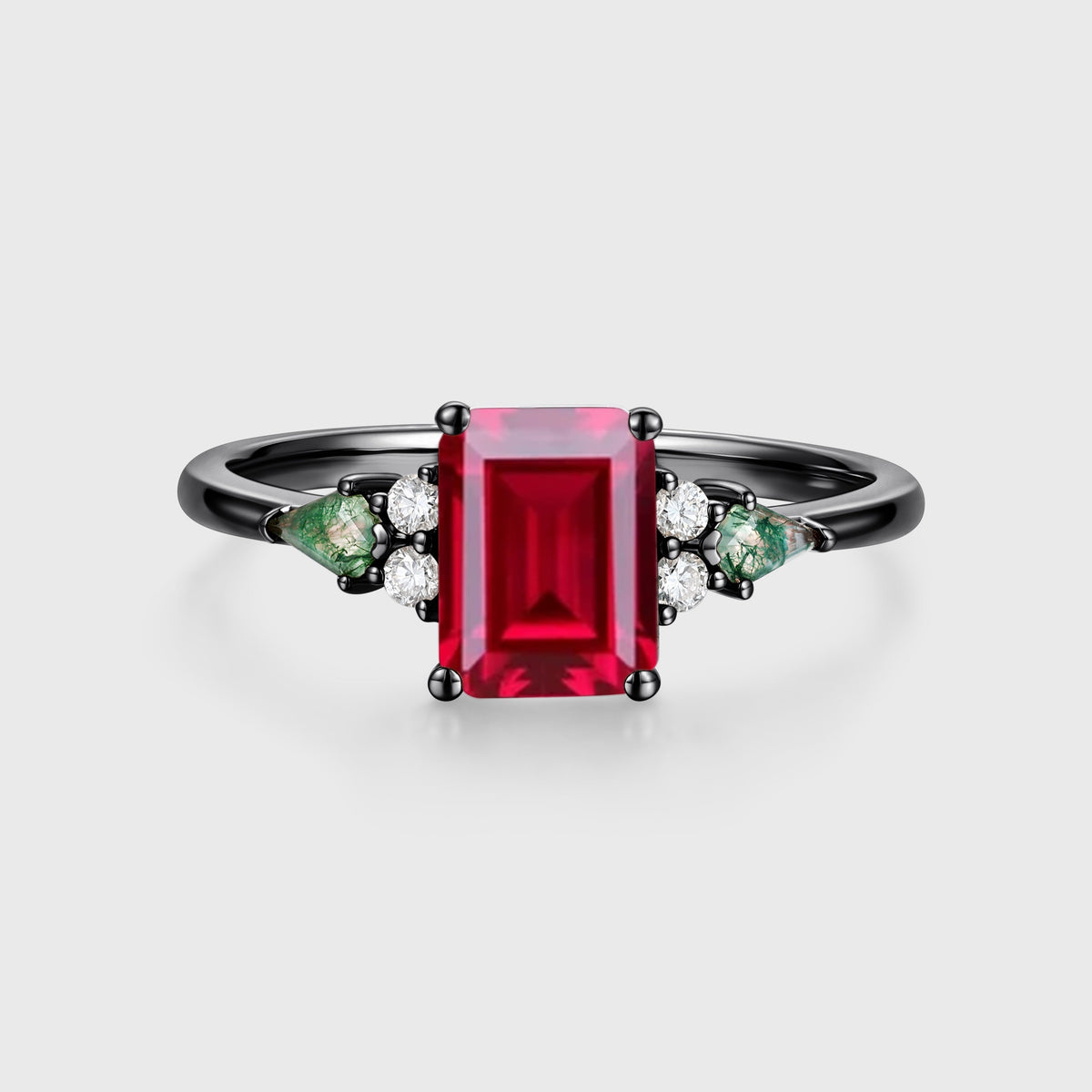 Emerald cut Lab Ruby & Moss Agate Solid Gold Engagement Ring