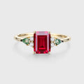 Emerald cut Lab Ruby & Moss Agate Solid Gold Engagement Ring