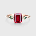 Emerald cut Lab Ruby & Moss Agate Solid Gold Engagement Ring