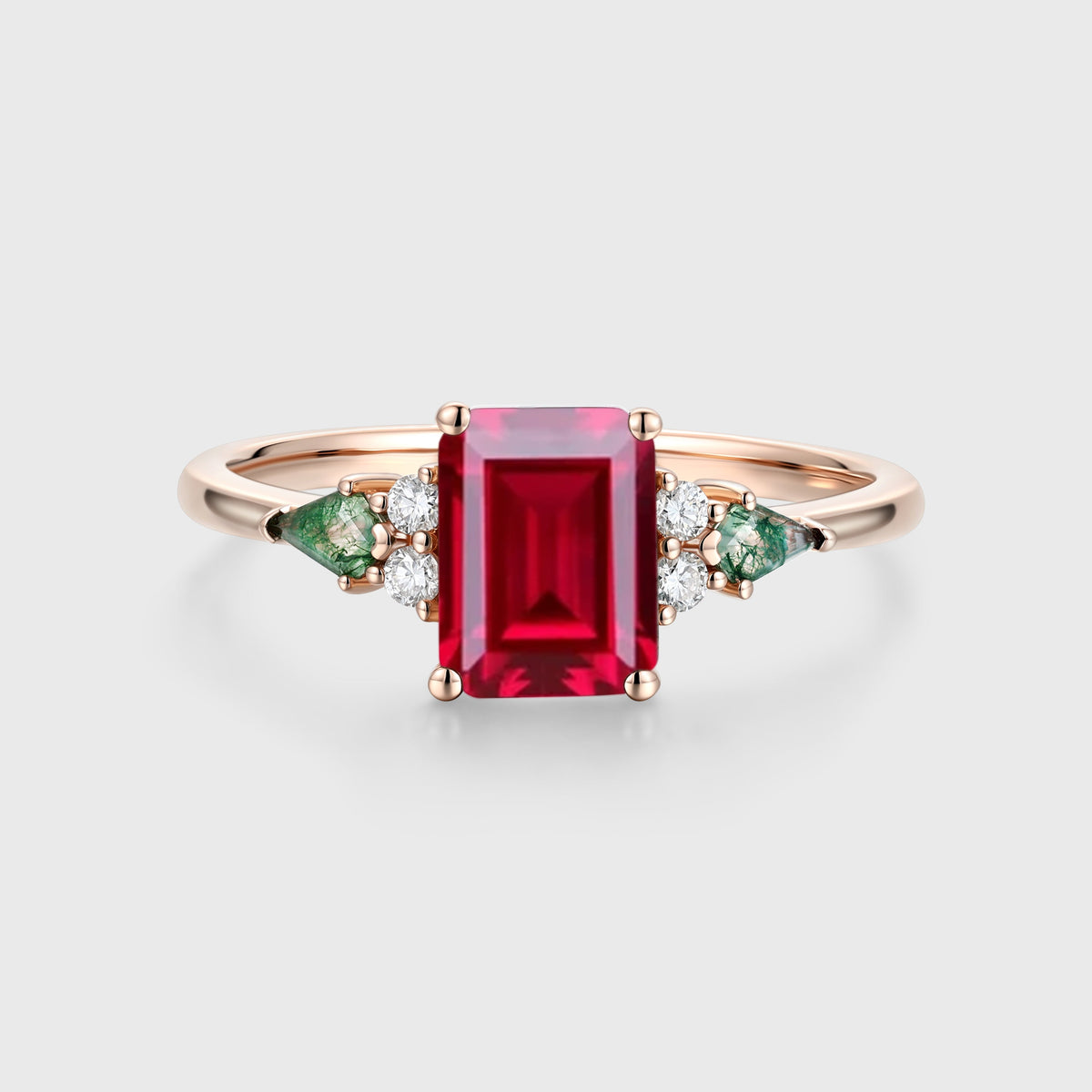 Emerald cut Lab Ruby & Moss Agate Solid Gold Engagement Ring