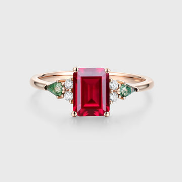 Emerald cut Lab Ruby & Moss Agate Solid Gold Engagement Ring