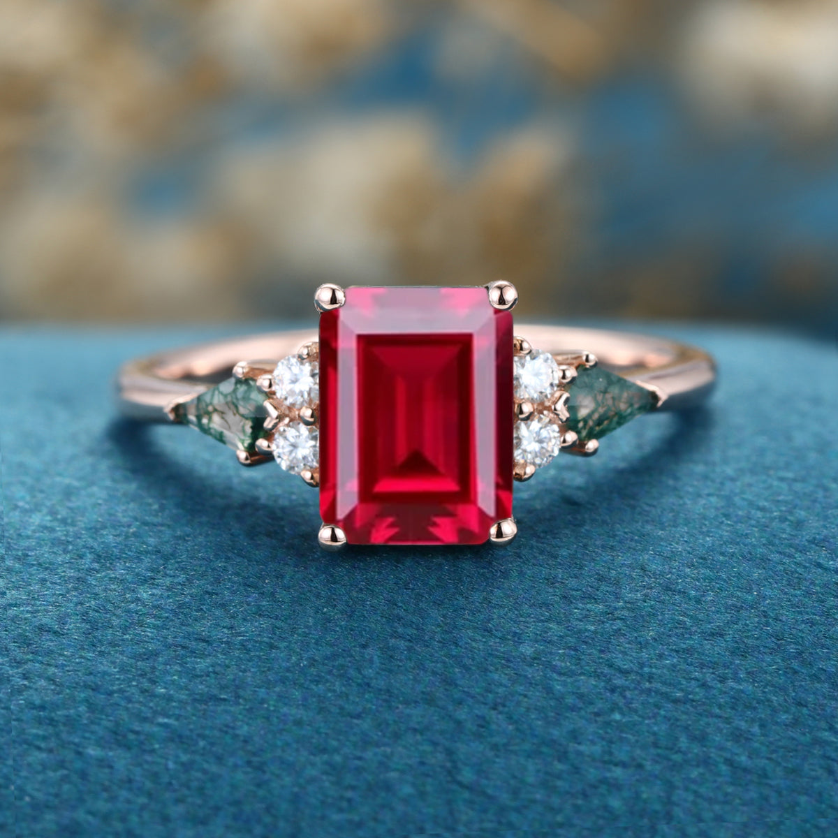 Emerald cut Lab Ruby & Moss Agate Solid Gold Engagement Ring