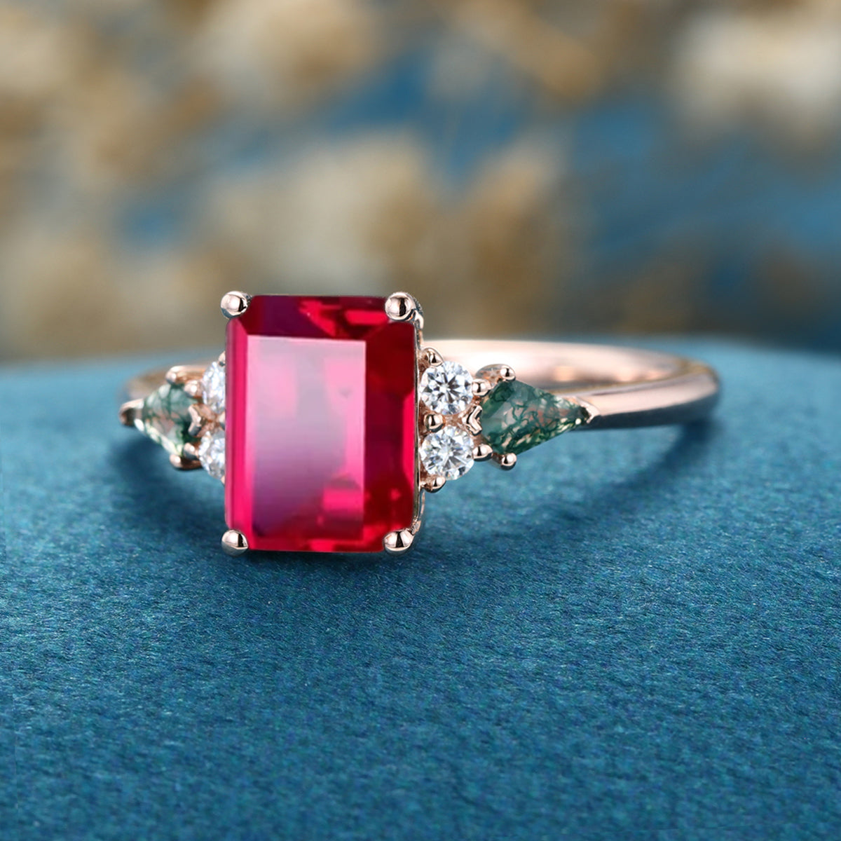 Emerald cut Lab Ruby & Moss Agate Solid Gold Engagement Ring