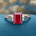 Emerald cut Lab Ruby & Moss Agate Solid Gold Engagement Ring
