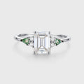 Emerald cut Moissanite & Kite cut Moss Agate Solid Gold Engagement Ring
