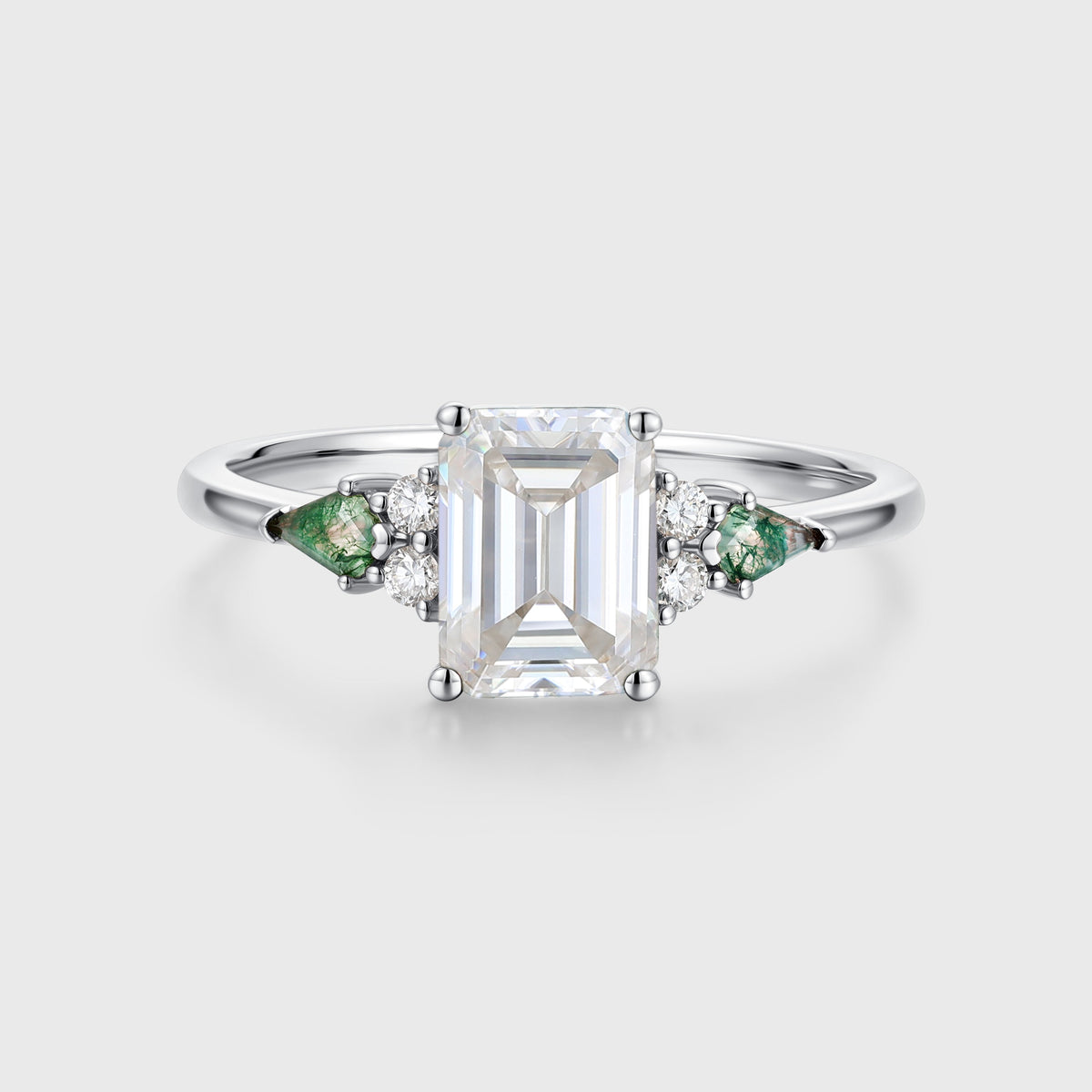 Emerald cut Moissanite & Kite cut Moss Agate Solid Gold Engagement Ring