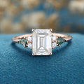 Emerald cut Moissanite & Kite cut Moss Agate Solid Gold Engagement Ring