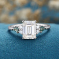 Emerald cut Moissanite & Kite cut Moss Agate Solid Gold Engagement Ring