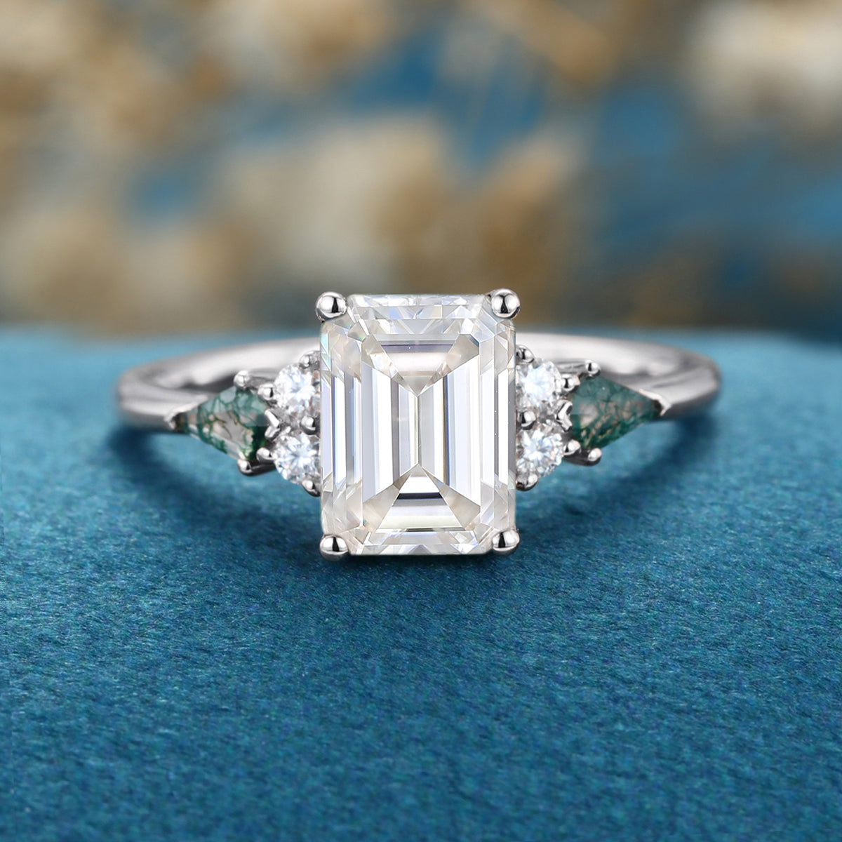 Emerald cut Moissanite & Kite cut Moss Agate Solid Gold Engagement Ring
