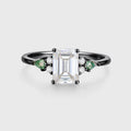Emerald cut Moissanite & Kite cut Moss Agate Solid Gold Engagement Ring
