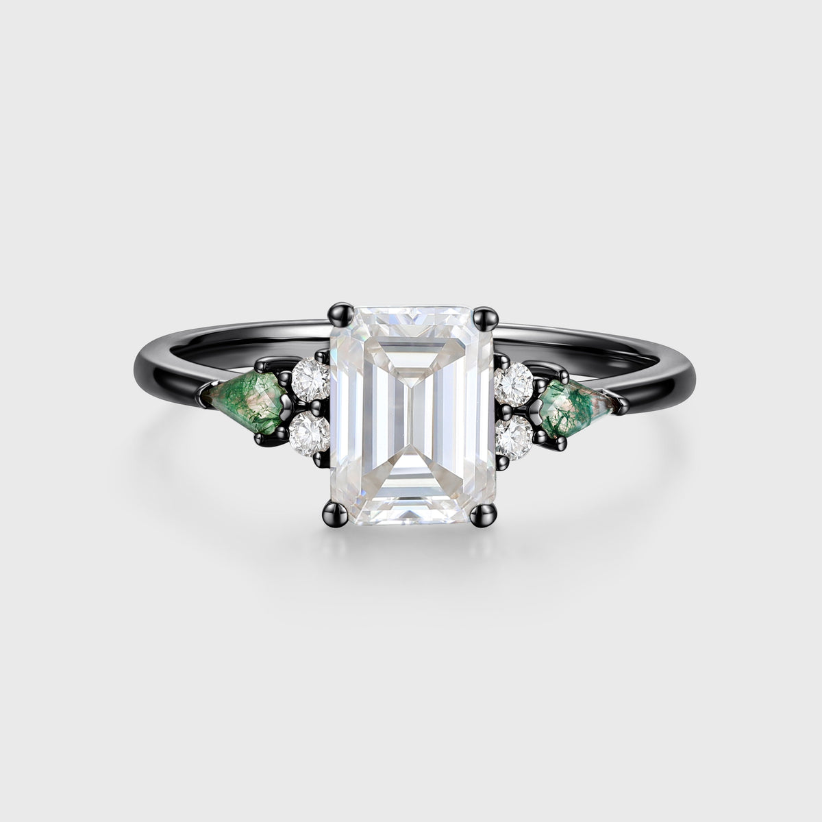 Emerald cut Moissanite & Kite cut Moss Agate Solid Gold Engagement Ring