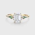 Emerald cut Moissanite & Kite cut Moss Agate Solid Gold Engagement Ring