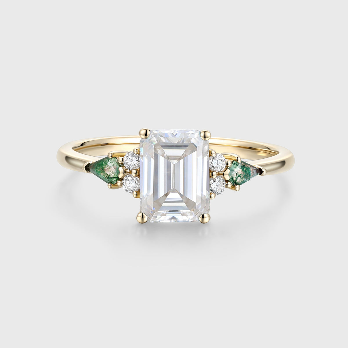 Emerald cut Moissanite & Kite cut Moss Agate Solid Gold Engagement Ring