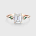 Emerald cut Moissanite & Kite cut Moss Agate Solid Gold Engagement Ring
