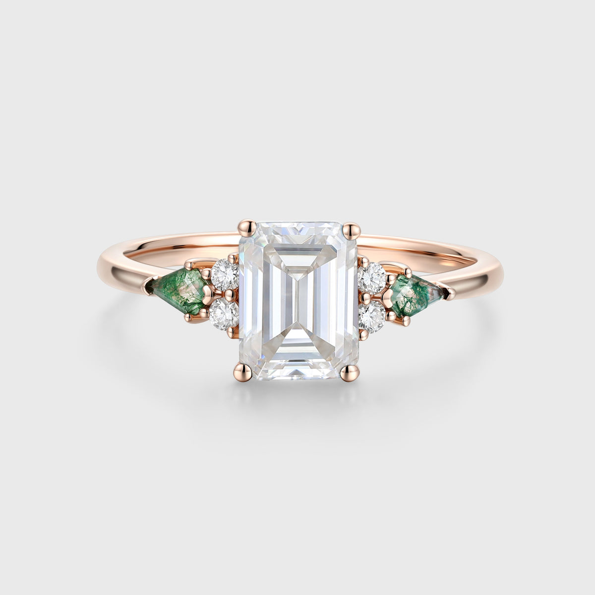 Emerald cut Moissanite & Kite cut Moss Agate Solid Gold Engagement Ring