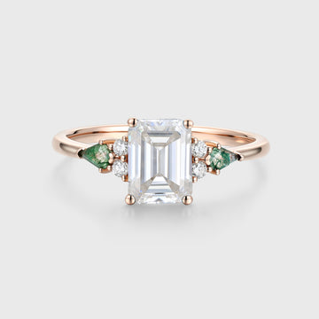 Emerald cut Moissanite & Kite cut Moss Agate Solid Gold Engagement Ring
