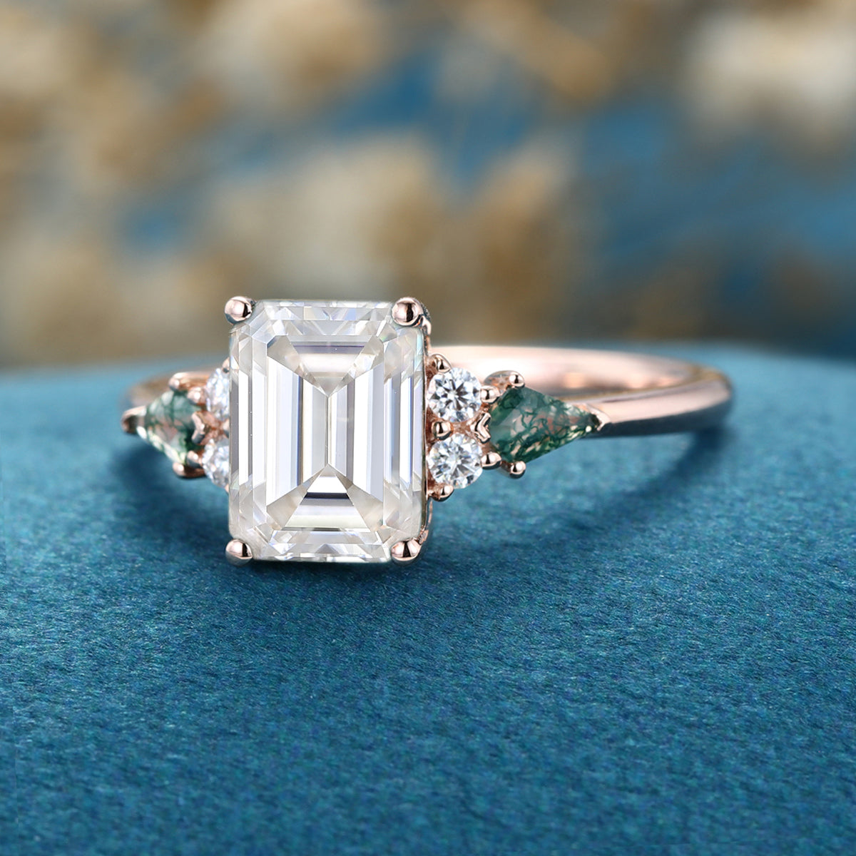 Emerald cut Moissanite & Kite cut Moss Agate Solid Gold Engagement Ring