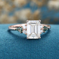 Emerald cut Moissanite & Kite cut Moss Agate Solid Gold Engagement Ring