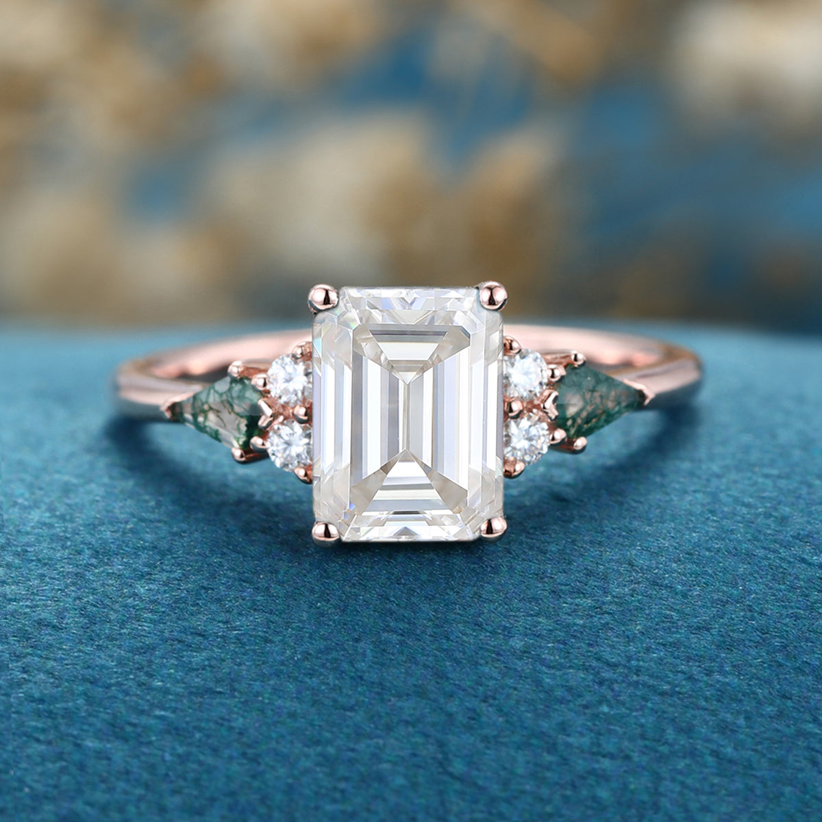 Emerald cut Moissanite & Kite cut Moss Agate Solid Gold Engagement Ring