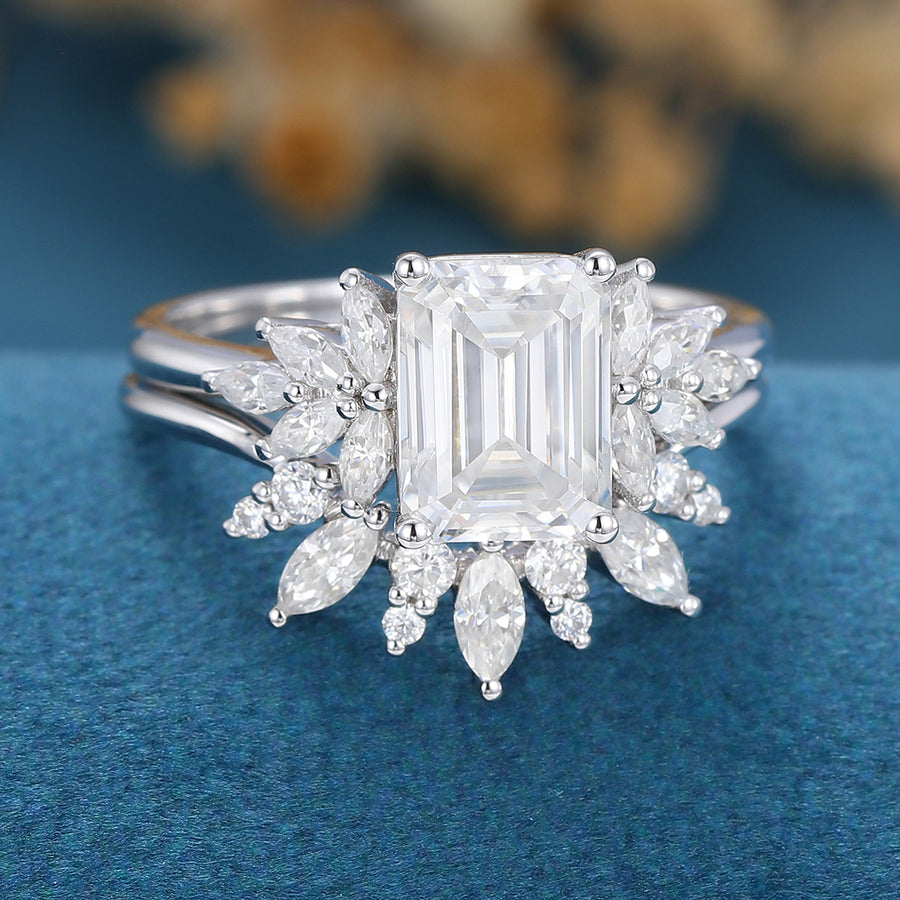1.6 Carat Vintage Emerald cut Moissanite Cluster Engagement Ring Set