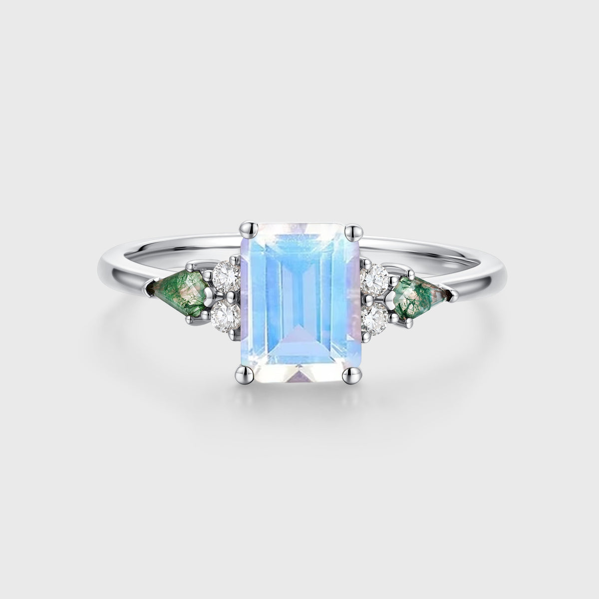 Emerald cut Moonstone & Moss Agate Solid Gold Engagement Ring