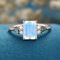 Emerald cut Moonstone & Moss Agate Solid Gold Engagement Ring