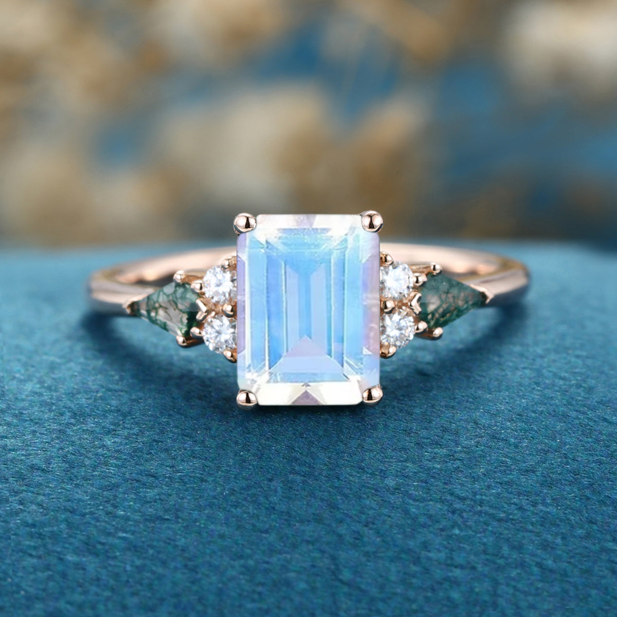 Emerald cut Moonstone & Moss Agate Solid Gold Engagement Ring