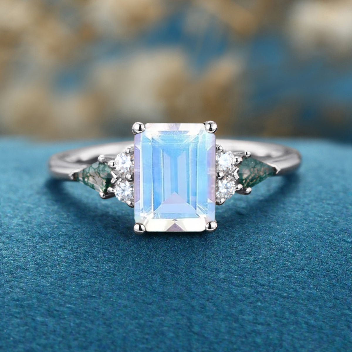 Emerald cut Moonstone & Moss Agate Solid Gold Engagement Ring
