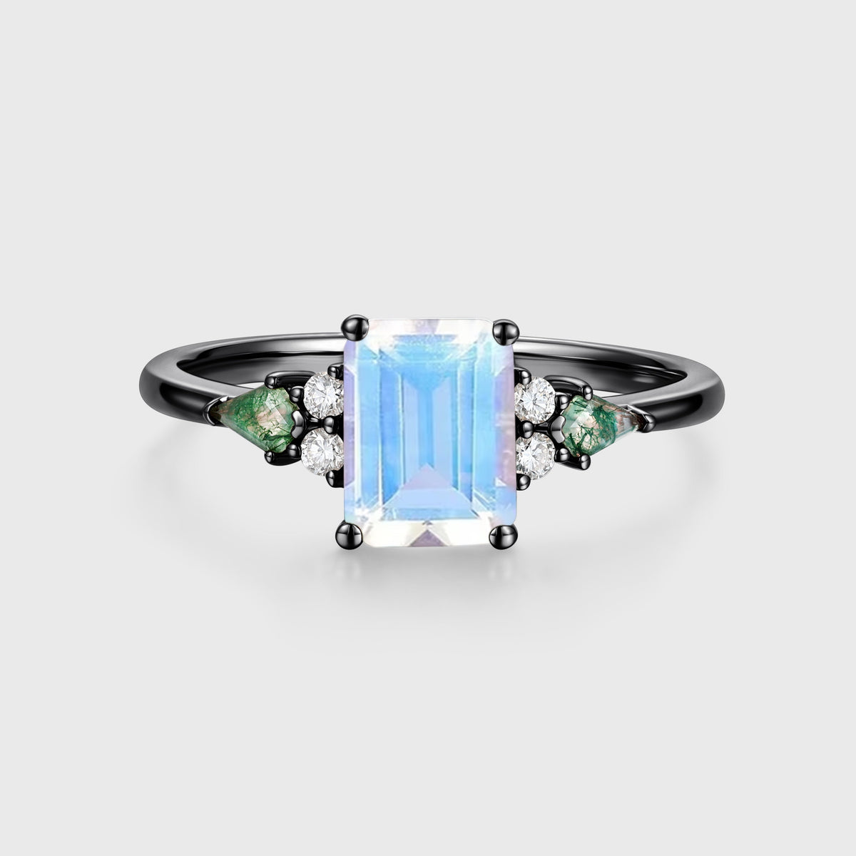 Emerald cut Moonstone & Moss Agate Solid Gold Engagement Ring